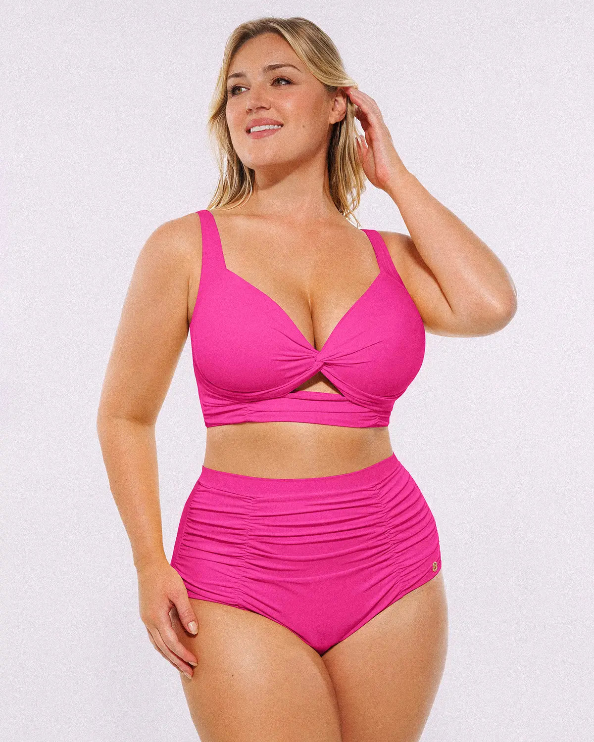 Twist-front bikini top paired with high-waisted shaping swim bottoms