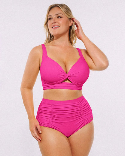 Twist-front bikini top paired with high-waisted shaping swim bottoms